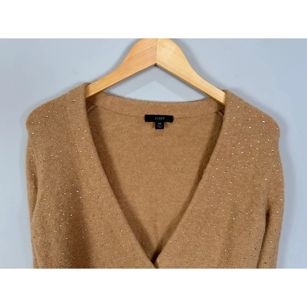 J Crew Sparkle Embellished Cardigan Sweater Camel XS V Neck Button Front‎ Knit